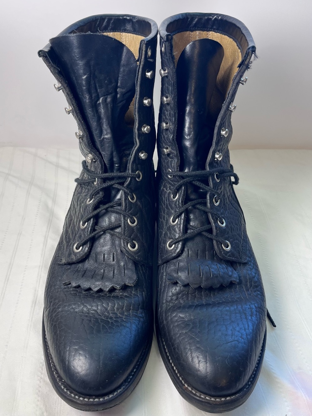 Vintage Justin USA Made Black Pebble Grain Leather Lace-Up Roper Boots 10E Wide